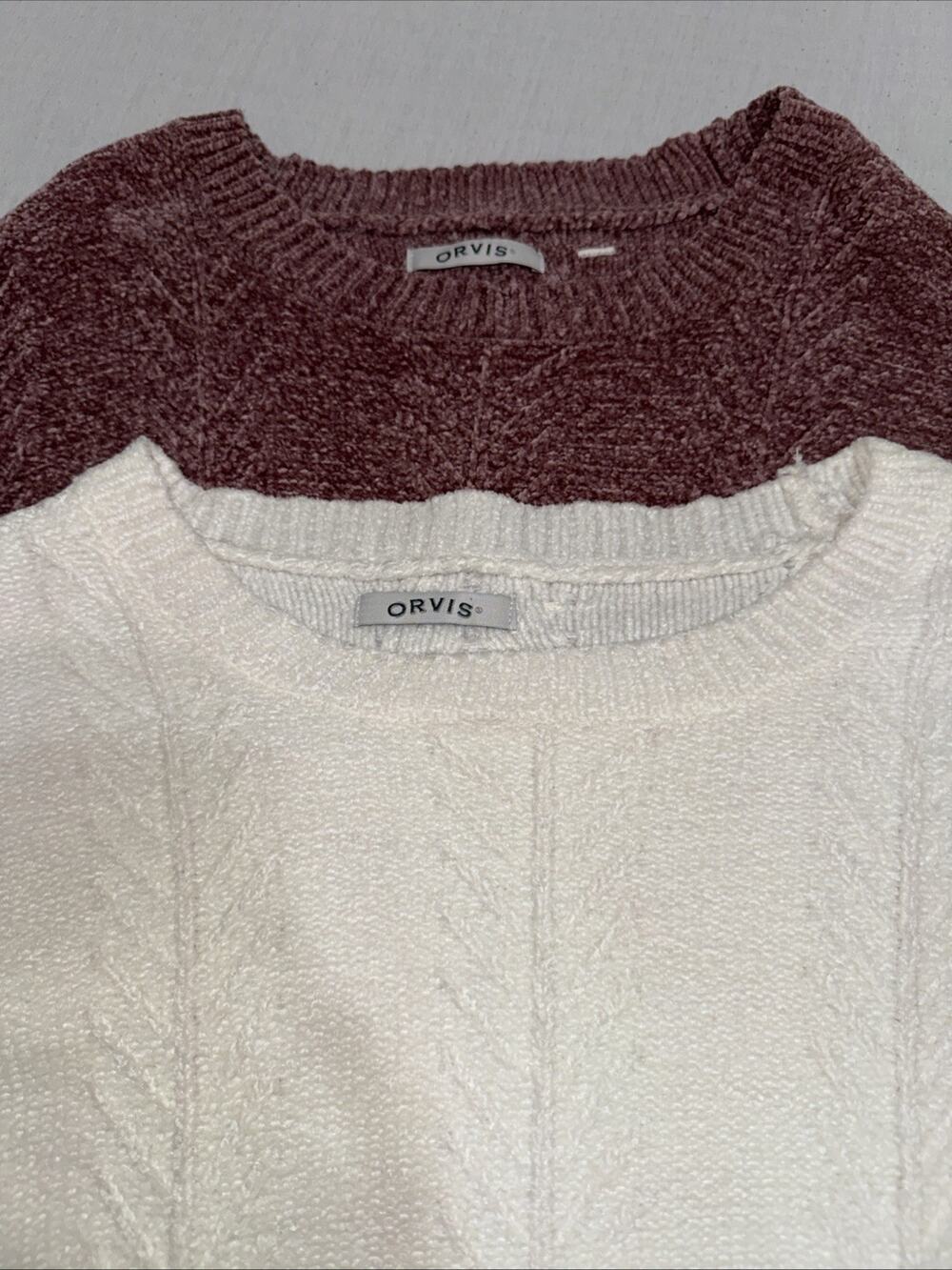 Orvis Chenille Pullover Sweater Womens XL White/Pink Plush Knit Ribbed Lot Of 2